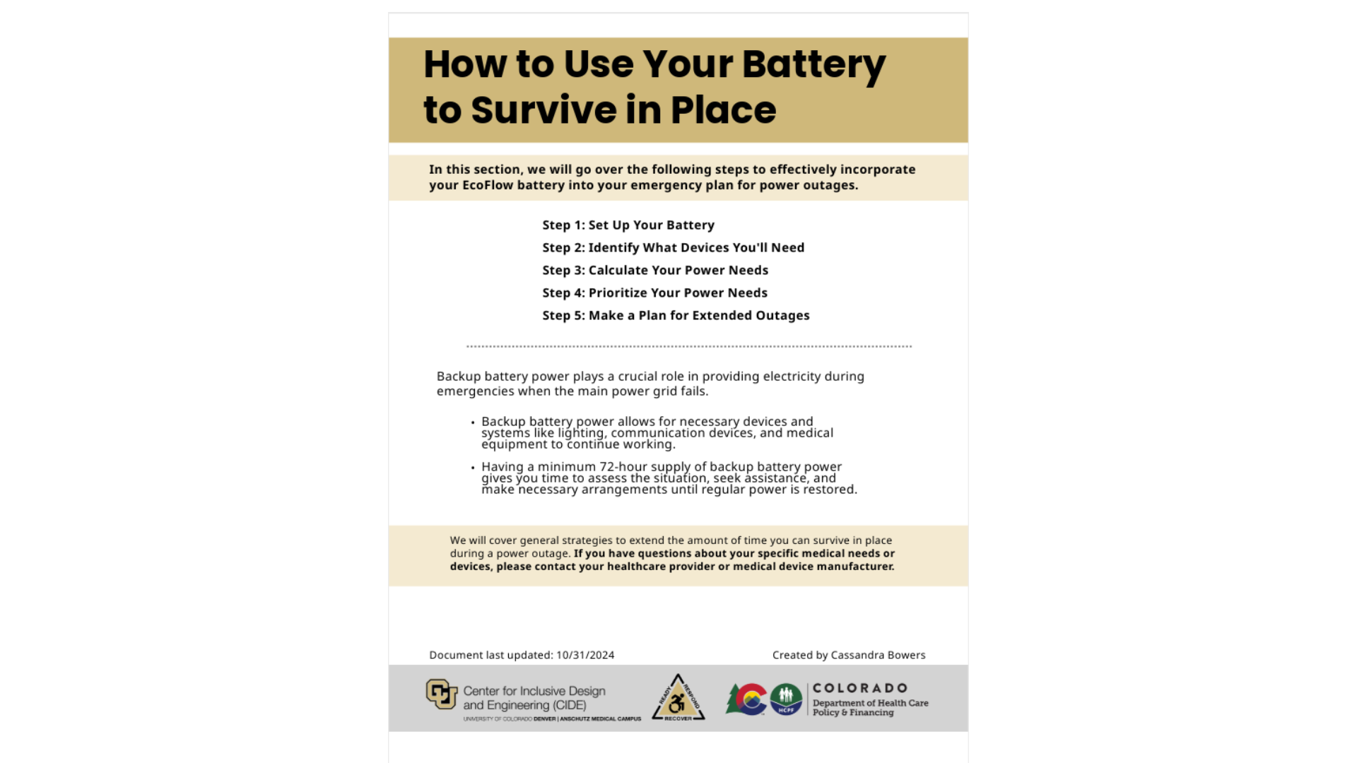 Image of pdf instructions titled, "How to Use Your Battery to Survive in Place."