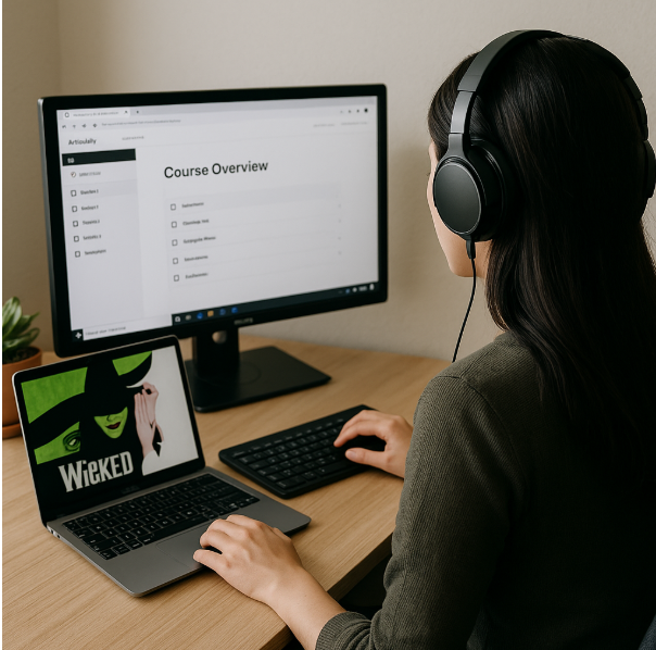 A course developer focused on her computer screen, creating content in Articulate Rise 360, with the musical Wicked playing in her headphones for focus.