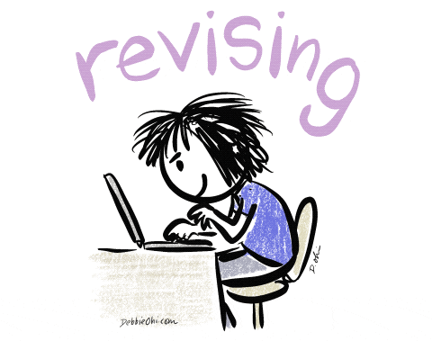 Animated GIF showing "REVISE" text above a cartoon character working on a laptop.