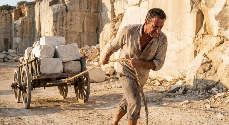 A man in dirty, simple clothes, sweating as he pulls a rope attached to a wagon loaded down with large stone blocks.