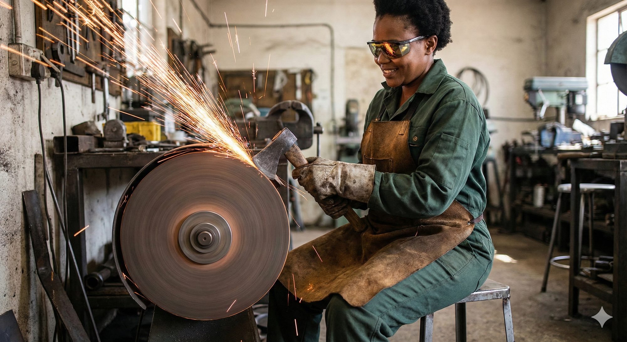A woman sitting at a heavy grinding wheel in a workshop, sharpening an axe blade. She is wearing heavy overalls, safety goggles, welder's gloves and welding apron.